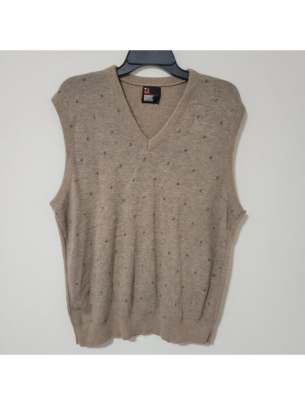 Vintage Robert Bruce Sweater Vest Mens 2XL Tan Fleck V-Neck Made USA Grandpa